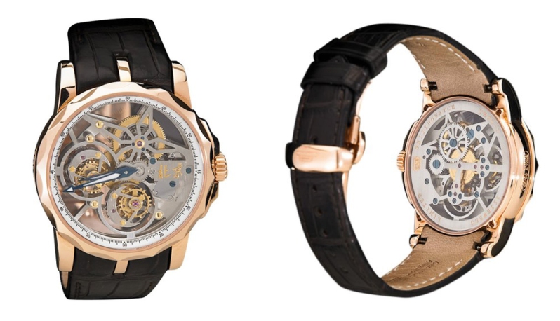 Foundationally, the manual-winding double tourbillon is completely in-house and while the superficial aspects of the architecture remain, Beijing Watch Company has started to experiment with design, opting to have flying tourbillons at 6 and 9 rather than continuing to mimic Roger Dubuis' style twin flying tourbillons at 5 and 7. 